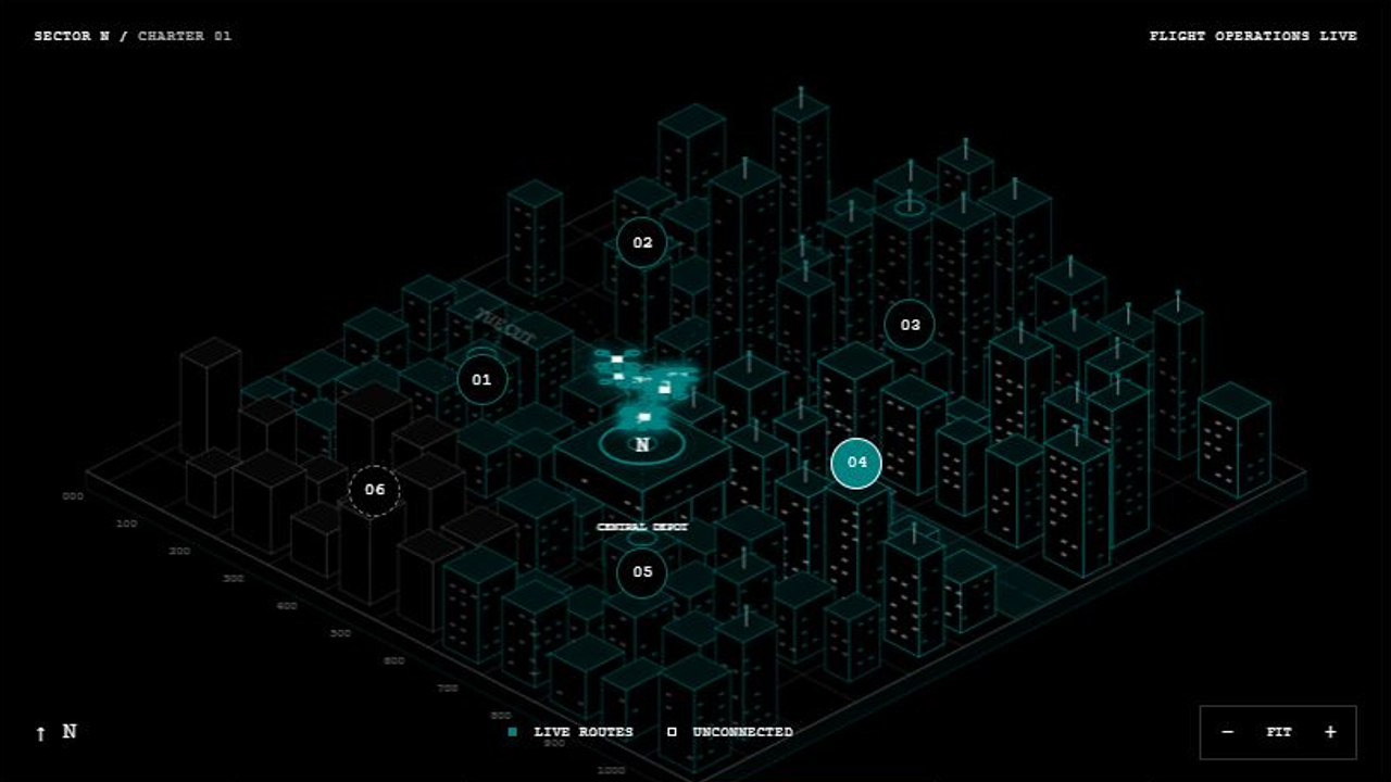 Airpost’s isometric city with drone routes connecting five delivery districts
