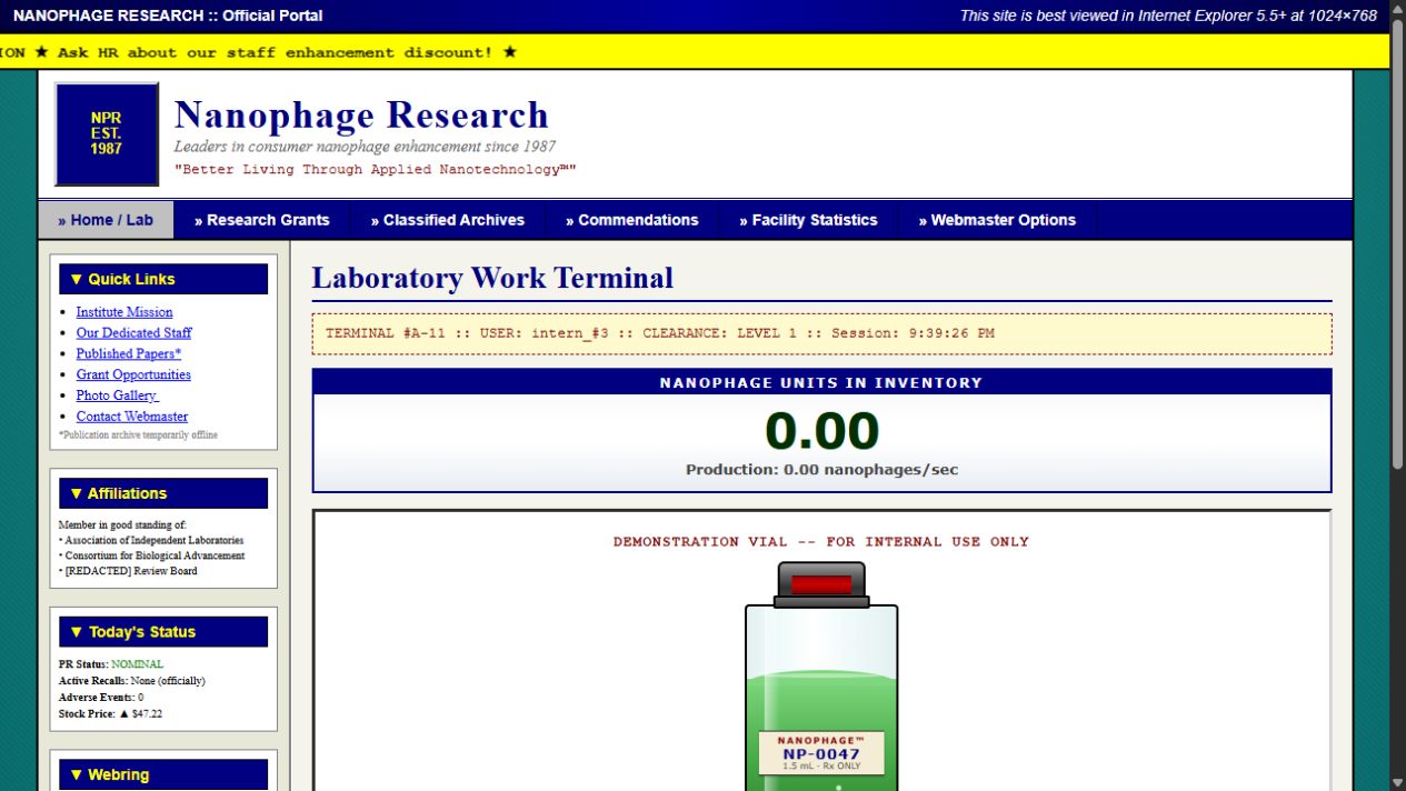 Biolab's retro research terminal, nanophage inventory and green specimen vial