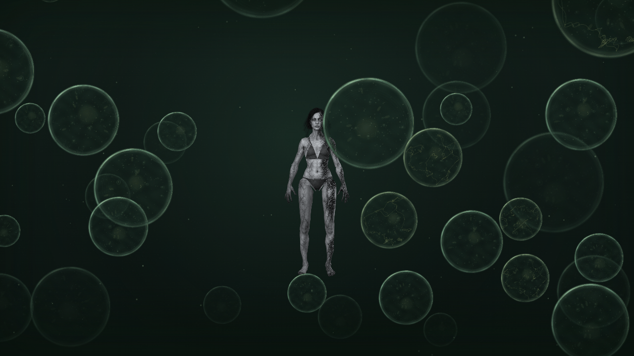 A grey infected figure with black hair falling among translucent green bubbles