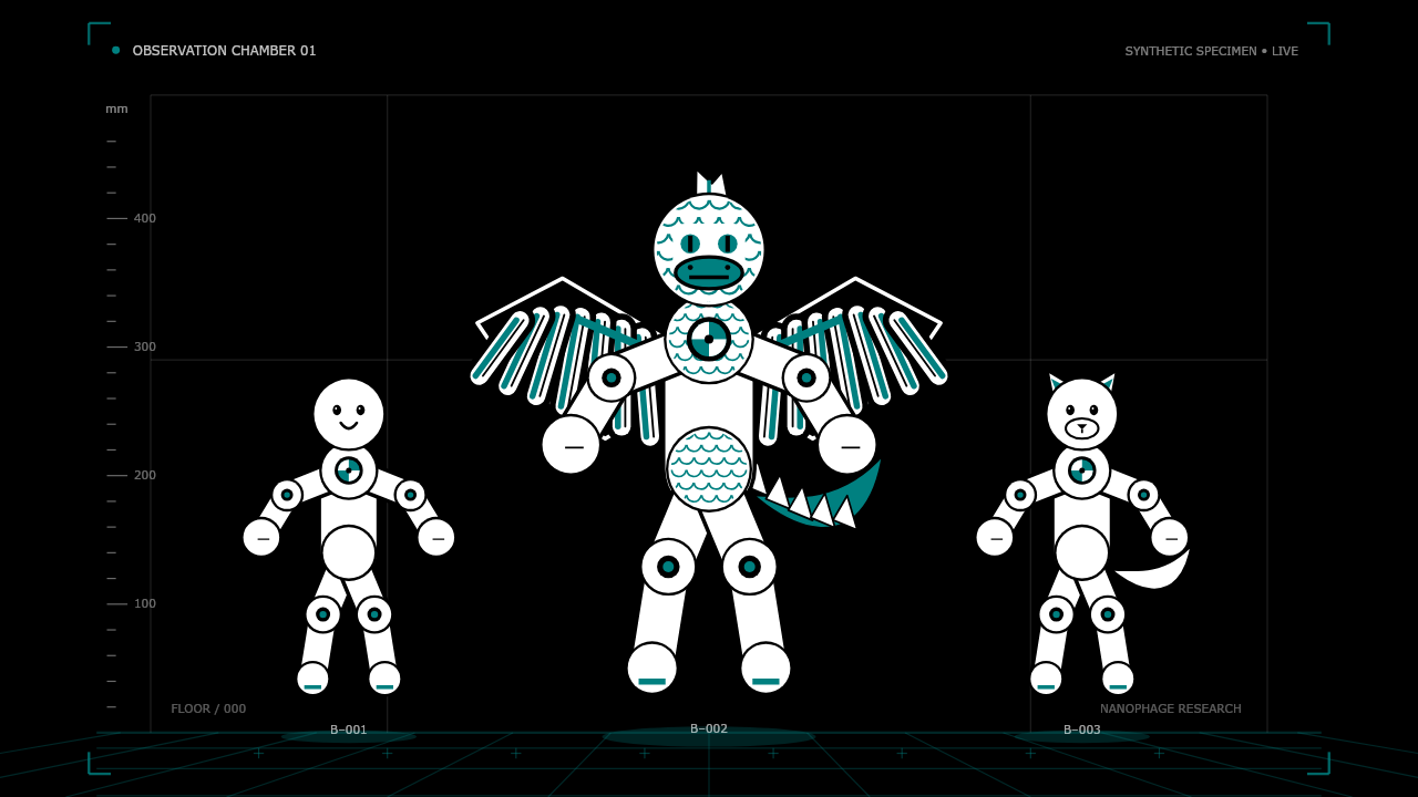 A control dummy, a large winged reptilian hybrid, and a canine specimen in the Buddy Protocol research chamber