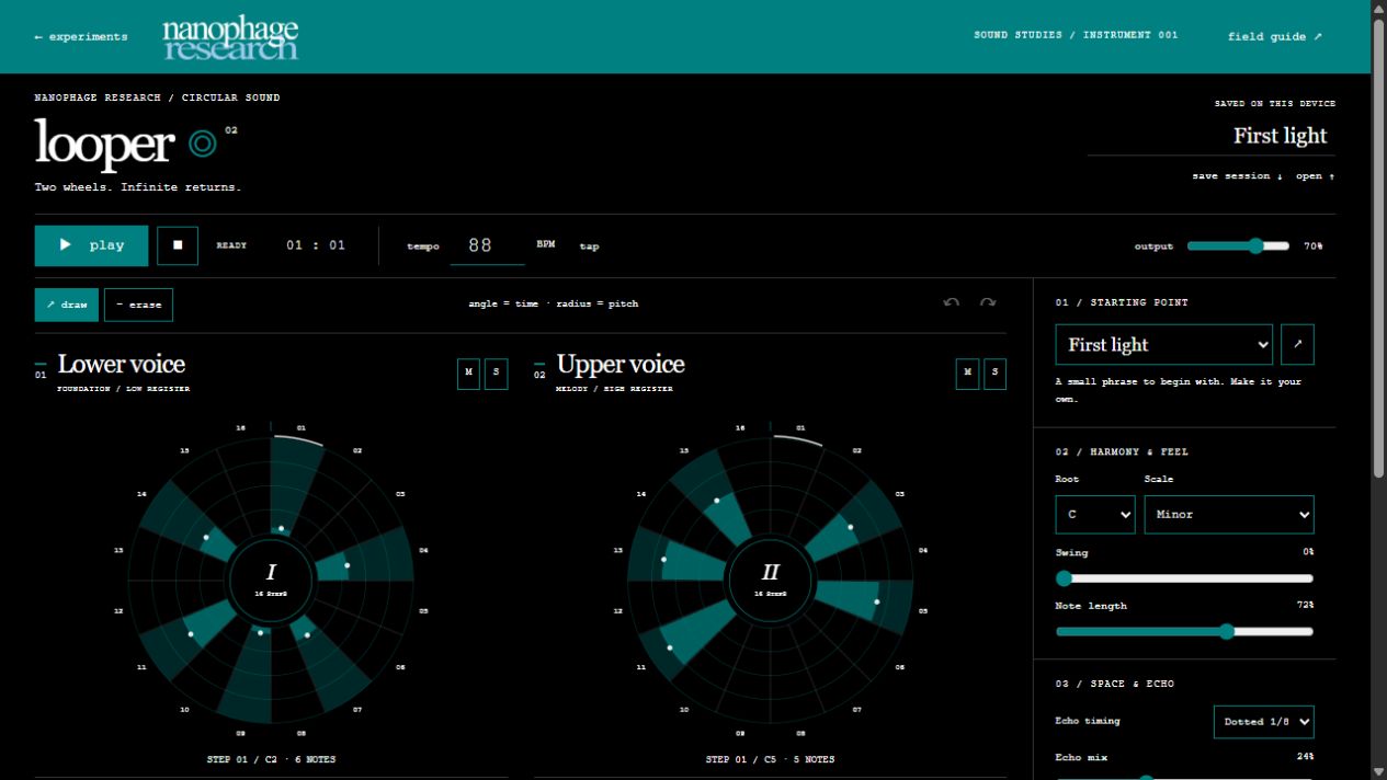 Looper's two teal circular note wheels on black, with independent voice controls and a stereo effects panel