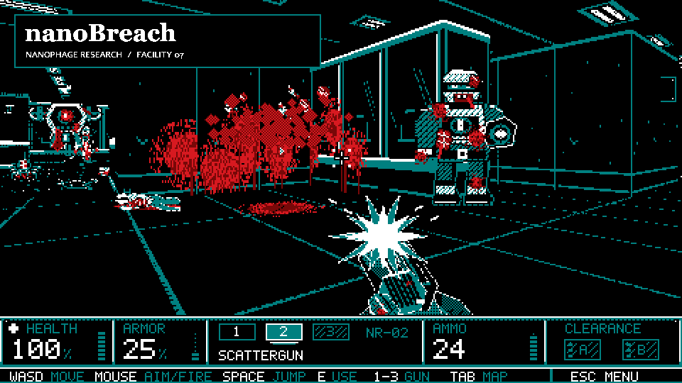A scattergun fight in a corrupted laboratory, with teal machinery and red blood in pixel art