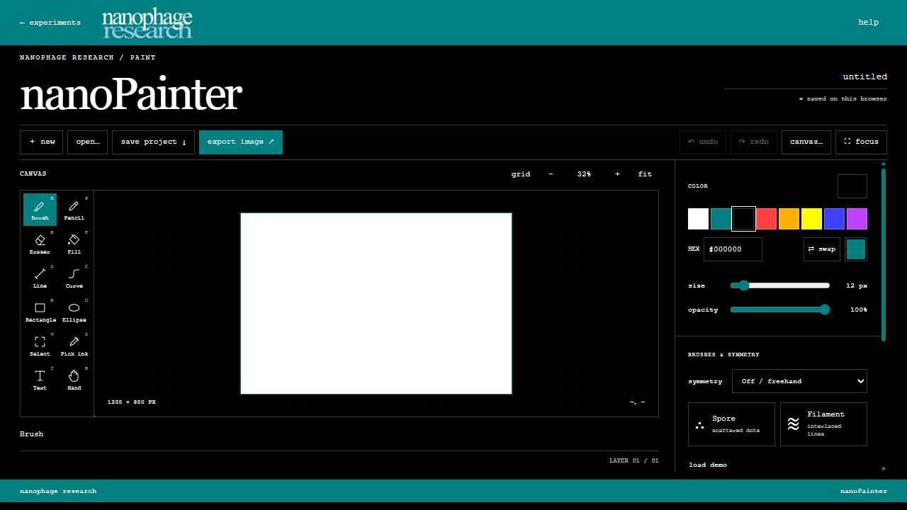 nanoPainter with its upright title, white canvas, drawing tools, color palette, and symmetry controls
