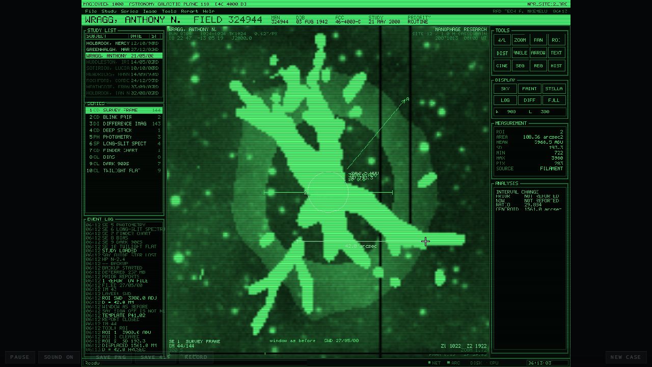 A green research workstation examining an anomalous branching structure with scan panes and measurement readouts