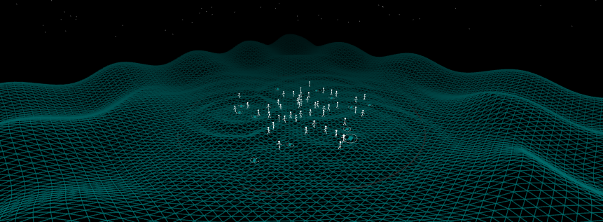 White souls and resonant orbs in a black landscape of teal wireframe hills