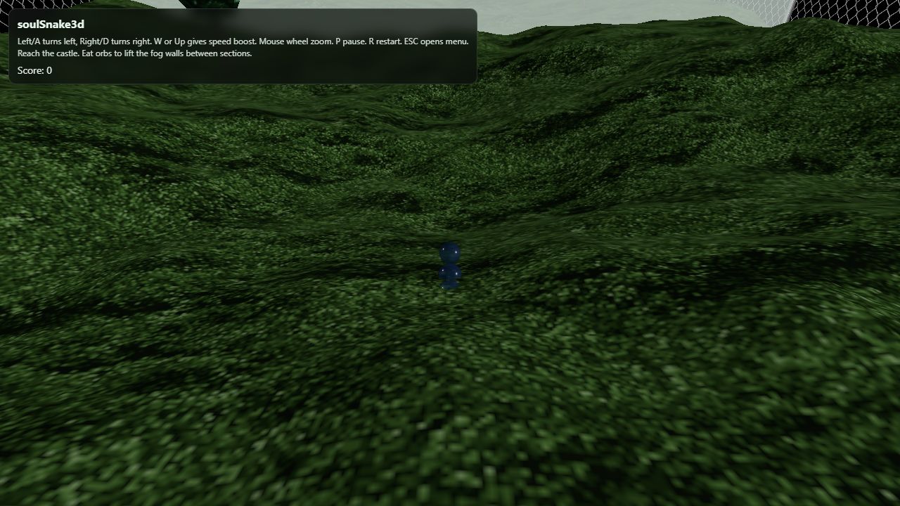 A blue snake moving through a dark, grassy three-dimensional landscape