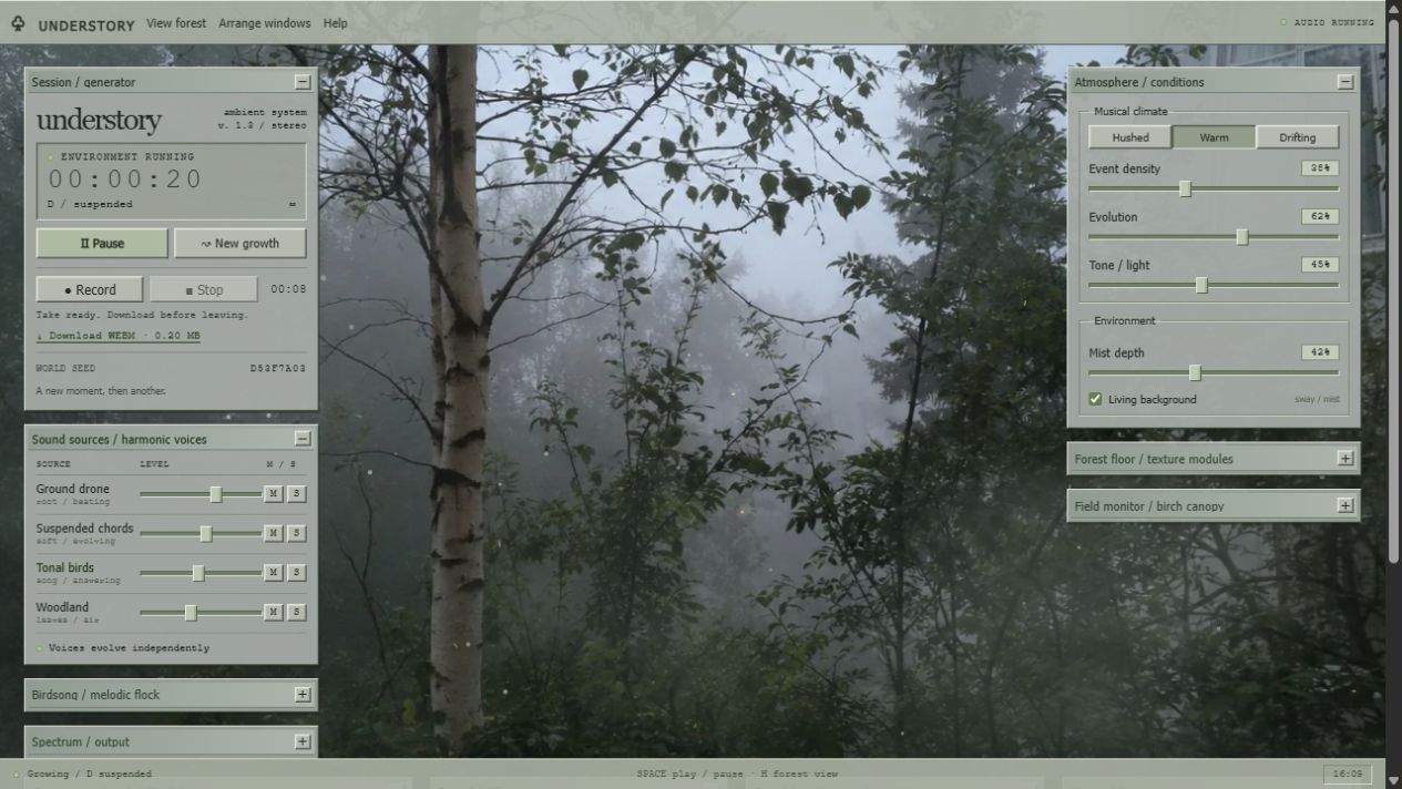 Understory's ambient sound modules framing an animated misty forest, with stereo recording and download controls