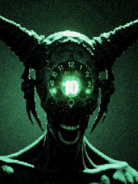 The Timekeeper, a green horned figure with a luminous clock for a face