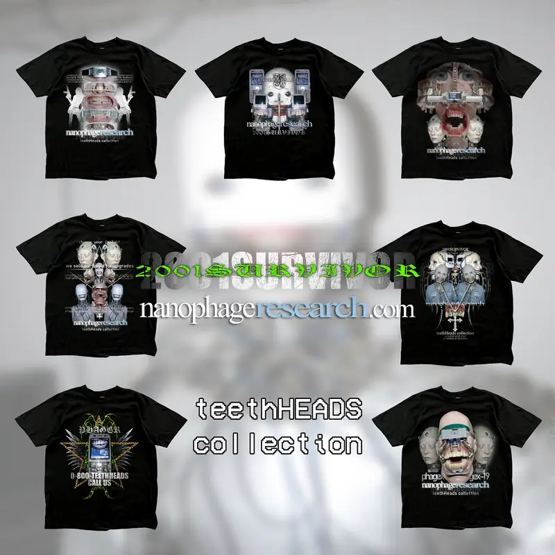 An arrangement of black shirts carrying Teeth Heads designs.