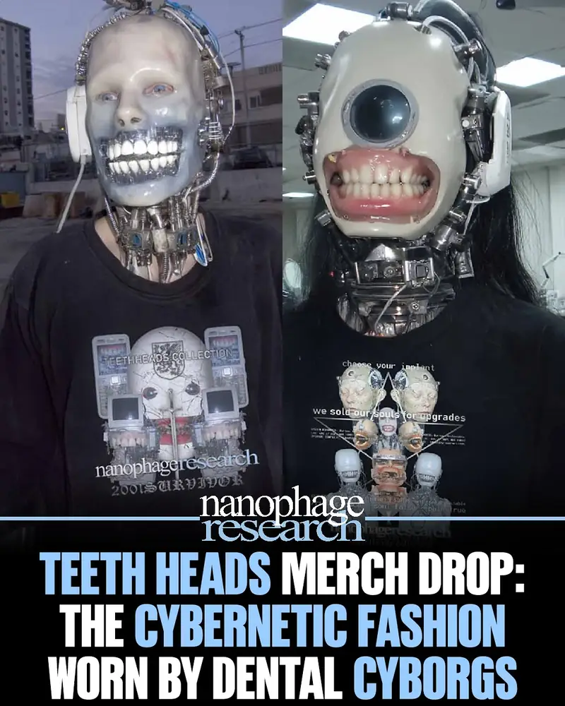 Two dental cyborgs wearing shirts from the Teeth Heads catalogue.