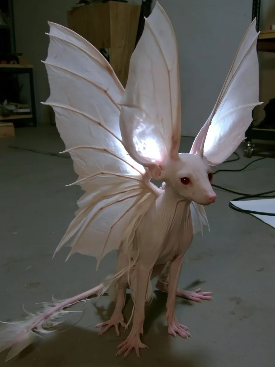A pale engineered animal with large translucent ears and exposed branching structures.