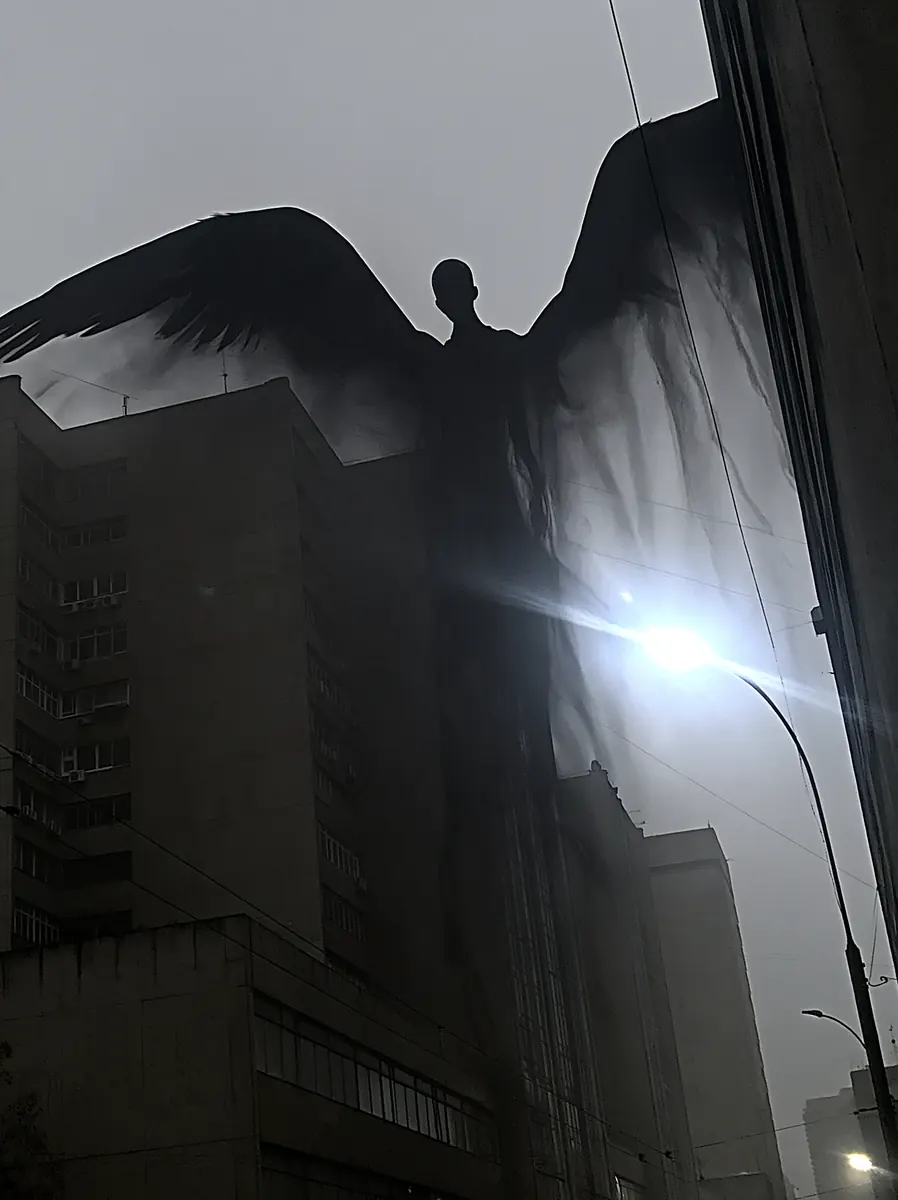 A dark winged figure above a city street, with a bright light between the buildings.